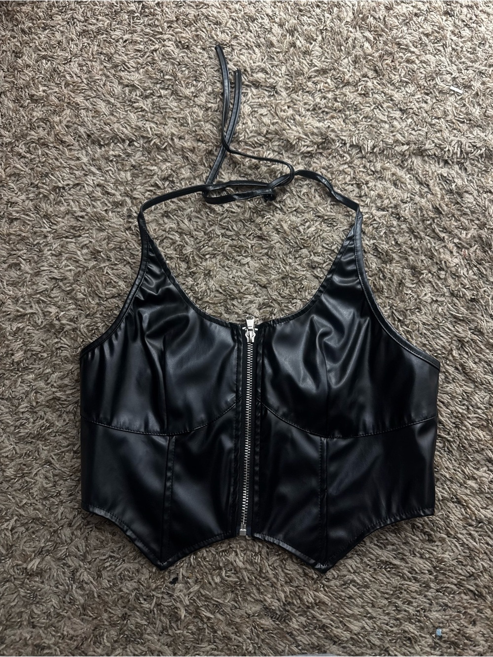 Black Faux Leather Halter Zip-Front Crop Top